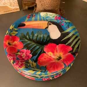 6 pier 1, NEW WITH TAGS, NEVER USED, round Melamine plates, TROPICAL TOUCAN.